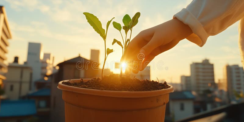 Hand gently touches potted plant with sunlight and urban buildings in background vector illustration