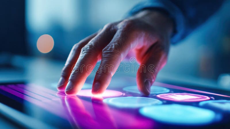 A hand gently touches a screen, activating glowing buttons on a futuristic digital interface. royalty free stock photo