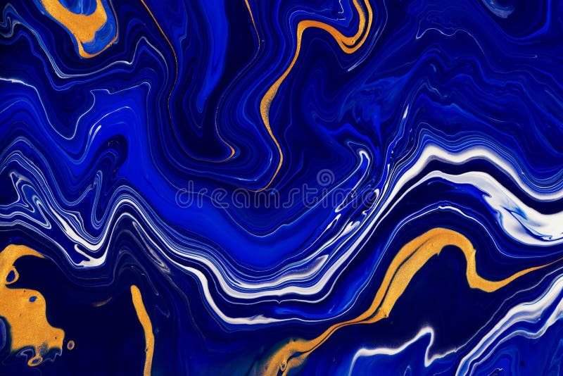 Hand geschilderde achtergrond met gemengde vloeibare blauwe en gouden verven Het abstracte vloeibare acryl schilderen Modern art