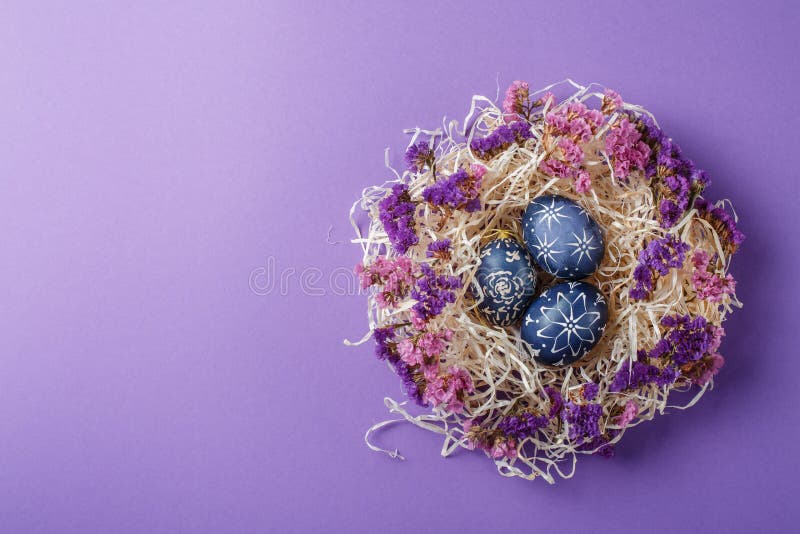 Hand geschilderde donkerblauwe paaseieren in nest en bloemen op viooltje stock afbeeldingen Hand geschilderde donkerblauwe paaseieren in nest en bloemen op viooltje stock afbeeldingen