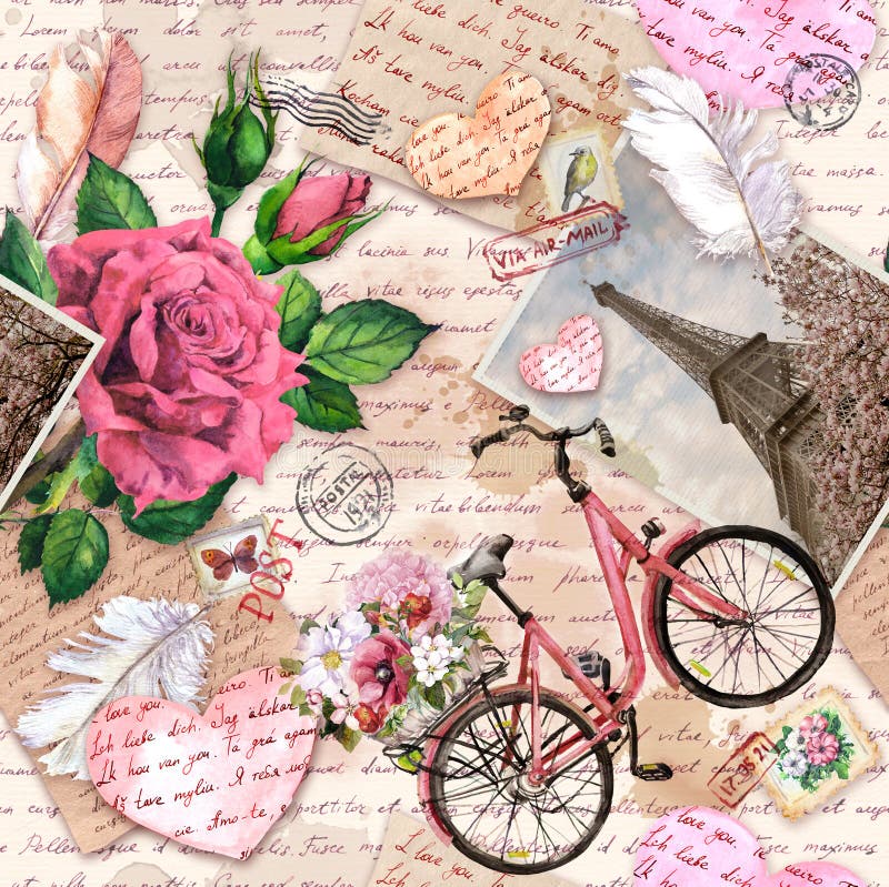 Hand geschriebene Briefe, Herzen, Fahrrad mit Blumen im Korb, Weinlesefoto des Eiffelturms, stiegen Blumen, Poststempel lizenzfreie abbildung