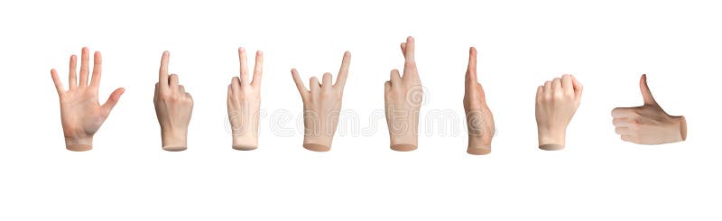 Hand gesture, basic sign pack, set. Hi, palm, pointing finger, victory, rock horns, thumb up royalty free stock image