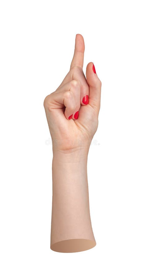 Hand gesture with the index finger pointing upward, signaling or indicating. Forefinger with red stock photos