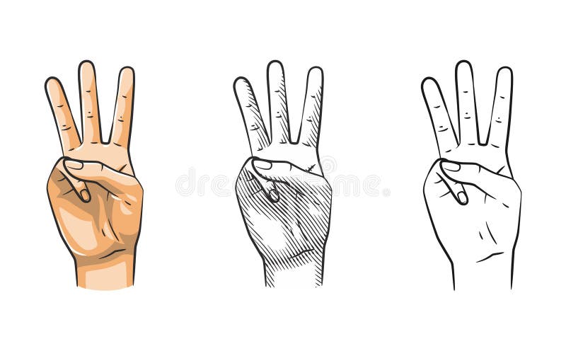 Hand Gesture Number Three Line Art Shaded Colored stock illustration