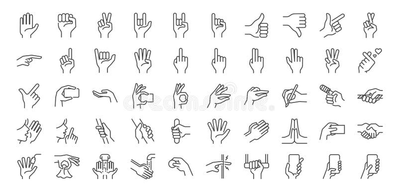 Hand gestures line icon set. Included icons as fingers interaction, pinky swear, forefinger point, greeting, pinch, hand washing