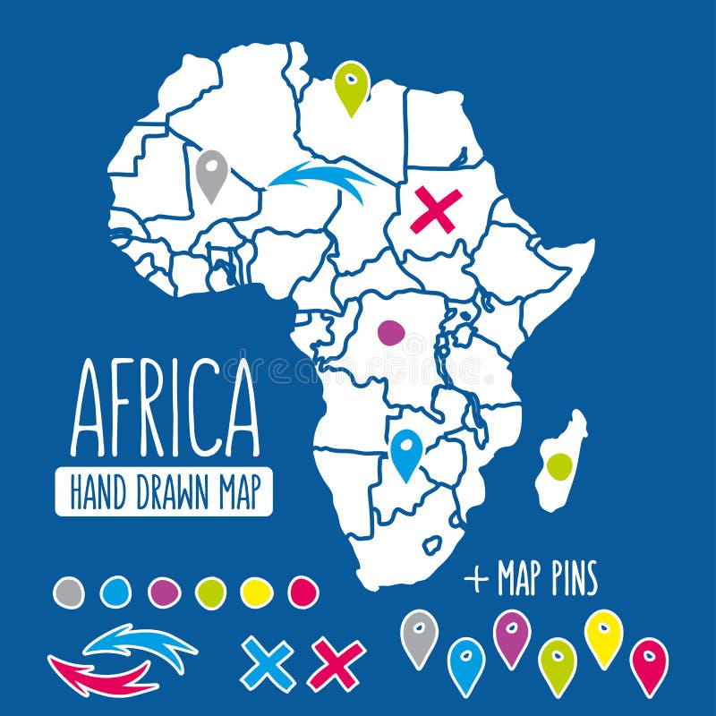 Hand getrokken de reiskaart van Afrika met speldenvector stock illustratie Hand getrokken de reiskaart van Afrika met speldenvector stock illustratie