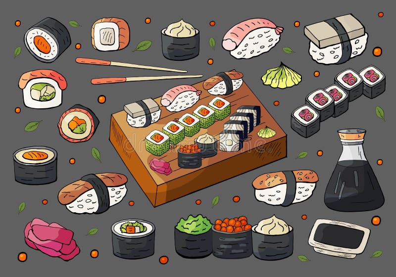Hand getrokken de sushi en de broodjesreeksen van Japan Vector grote sushi en broodjesinzameling stock illustratie Hand getrokken de sushi en de broodjesreeksen van Japan Vector grote sushi en broodjesinzameling stock illustratie