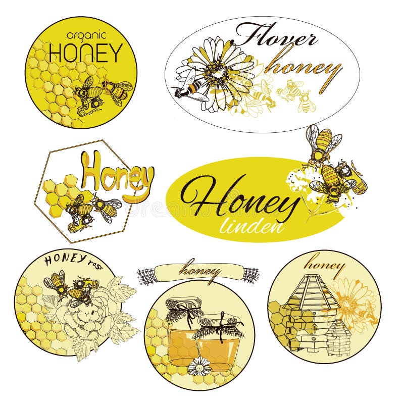 Hand getrokken decoratieve die pictogrammen met bijenkorfwas worden geplaatst stock illustratie Hand getrokken decoratieve die pictogrammen met bijenkorfwas worden geplaatst stock illustratie