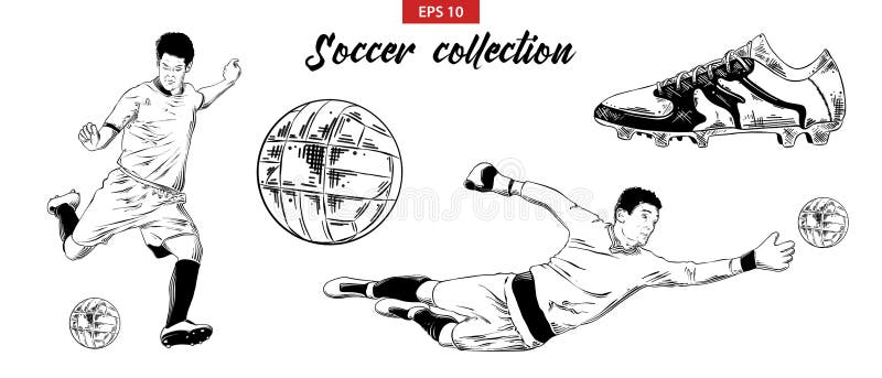 Hand getrokken die schetsreeks van voetbalvoetbalsters, schoen en bal op witte achtergrond worden geïsoleerd Gedetailleerde uitst royalty-vrije illustratie Hand getrokken die schetsreeks van voetbalvoetbalsters, schoen en bal op witte achtergrond worden geïsoleerd Gedetailleerde uitst royalty-vrije illustratie