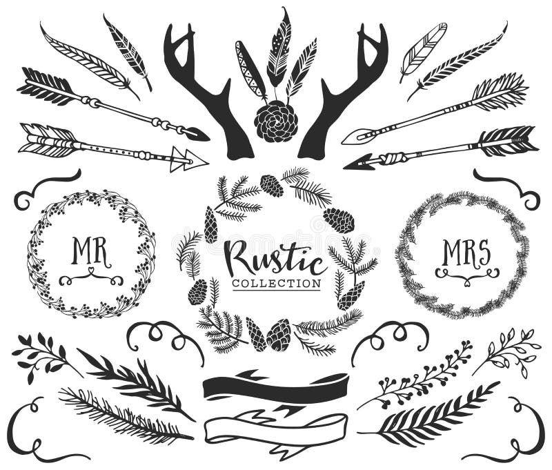 Hand getrokken geweitakken, pijlen, veren, linten en kronen vector illustratie Hand getrokken geweitakken, pijlen, veren, linten en kronen vector illustratie