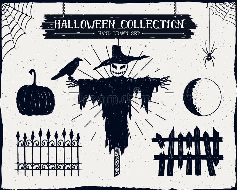 Hand drawn textured Halloween set of scarecrow, raven, pumpkin, fence, and full moon illustrations. Hand drawn textured Halloween set of scarecrow, raven, pumpkin, fence, and full moon illustrations.