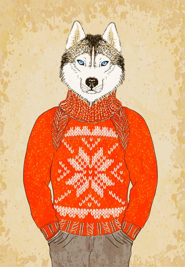 Hand Getrokken Hipster Husky Dog Wears Jacquard Sweater