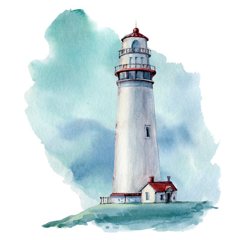 Hand drawn watercolor lighthouse illustrstion. It`s perfect for card, postcard, poster, banner. Hand drawn watercolor lighthouse illustrstion. It`s perfect for card, postcard, poster, banner.