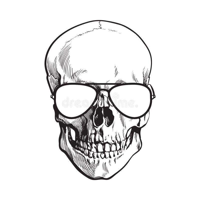 Hand getrokken menselijke schedel die zwart-witte vliegenierszonnebril dragen stock illustratie Hand getrokken menselijke schedel die zwart-witte vliegenierszonnebril dragen stock illustratie