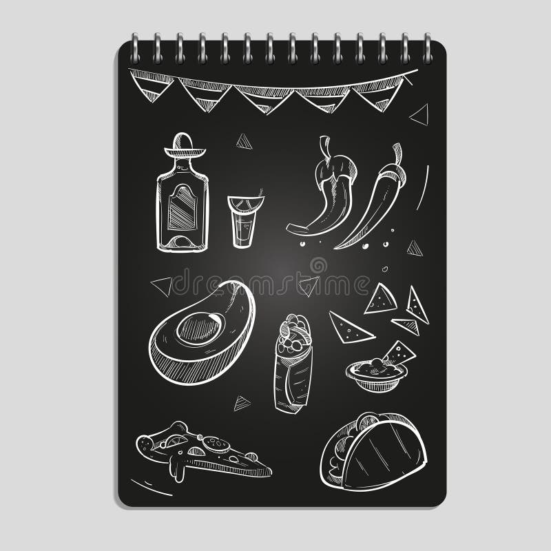Hand getrokken Mexicaanse geplaatst voedsel en dranken stock illustratie Hand getrokken Mexicaanse geplaatst voedsel en dranken stock illustratie
