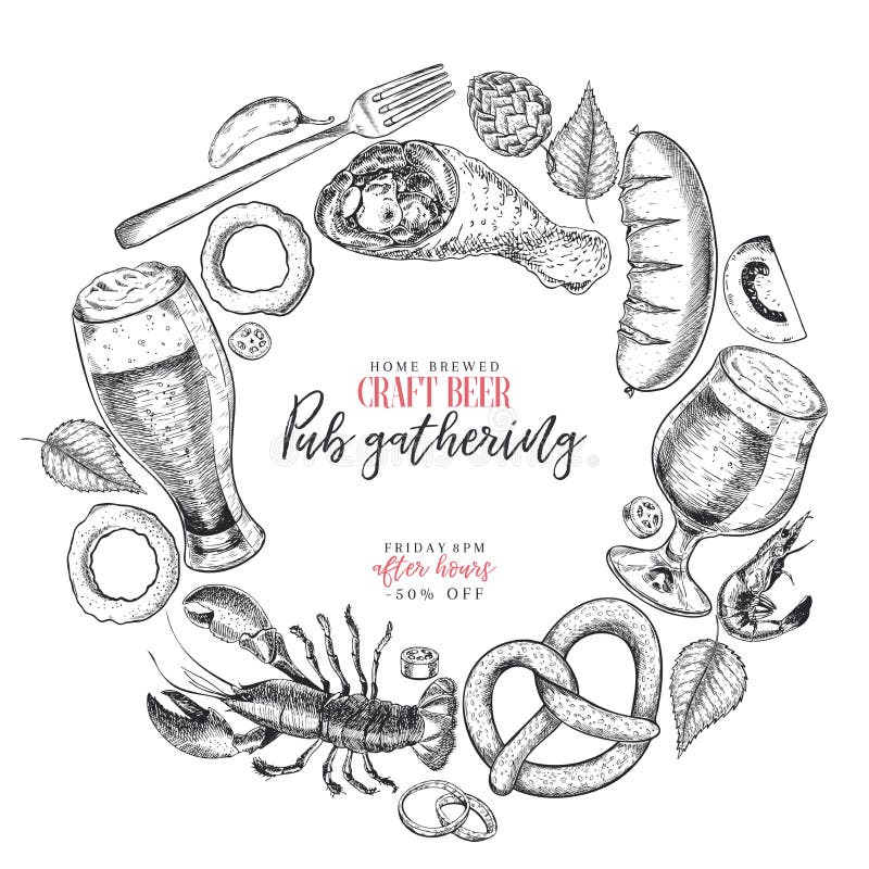Hand getrokken Oktoberfest-baraffiche Bier en snacks Vectorglas, fles, opener, vissen, pretzel, gerst, hop, voedsel Staaf vector illustratie Hand getrokken Oktoberfest-baraffiche Bier en snacks Vectorglas, fles, opener, vissen, pretzel, gerst, hop, voedsel Staaf vector illustratie