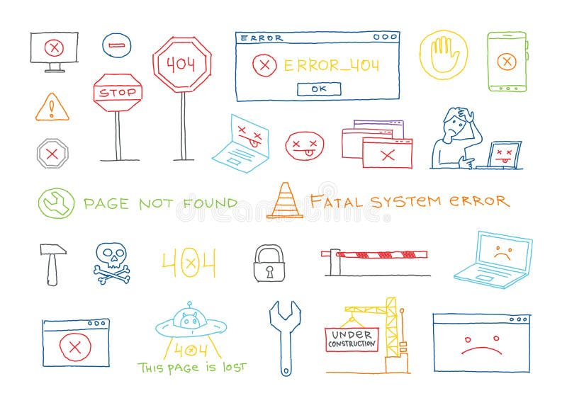 Hand getrokken reeks 404 de pagina gevonden niet van de systeemfout vectorschets stock illustratie Hand getrokken reeks 404 de pagina gevonden niet van de systeemfout vectorschets stock illustratie