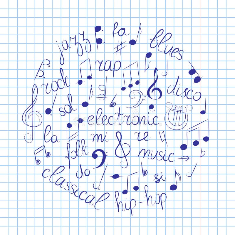 Hand Getrokken Reeks Muzieksymbolen Krabbelg-sleutel, Bass Clef, Nota's en Muziekstijlen in een Cirkel op Voorbeeldenboekblad dat stock illustratie Hand Getrokken Reeks Muzieksymbolen Krabbelg-sleutel, Bass Clef, Nota's en Muziekstijlen in een Cirkel op Voorbeeldenboekblad dat stock illustratie