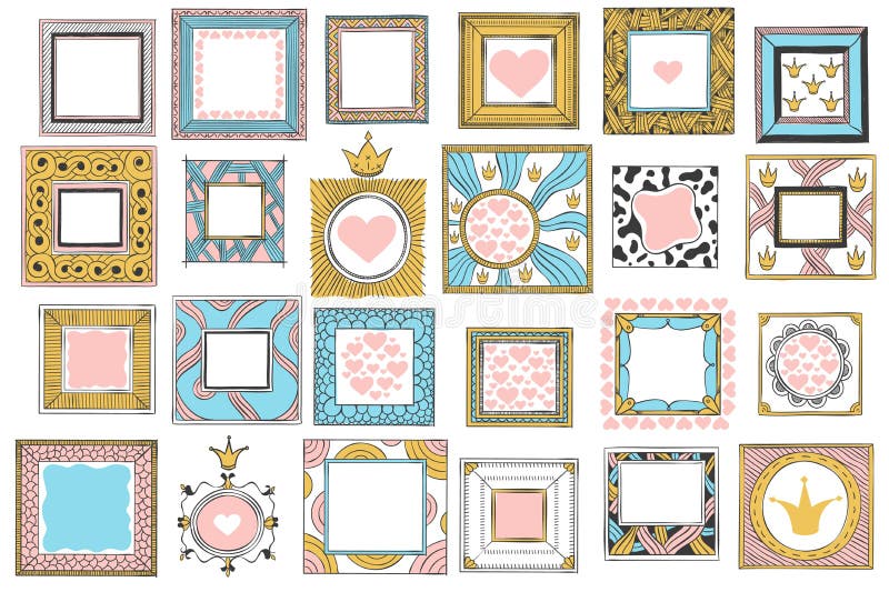 Hand getrokken schattige princetskozijnen Kleurenschetskader met intage, roze spiegelrand en doedelframes vectorset royalty-vrije illustratie Hand getrokken schattige princetskozijnen Kleurenschetskader met intage, roze spiegelrand en doedelframes vectorset royalty-vrije illustratie