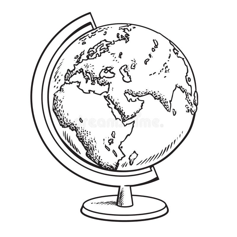 Hand getrokken schoolbol Model van Aarde Aardrijkskundepictogram Zwart-witte geïsoleerde schets vectorillustratie