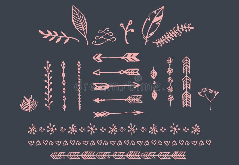 Hand getrokken uitstekende pijlen, veren, verdelers en bloemenelementen vector illustratie Hand getrokken uitstekende pijlen, veren, verdelers en bloemenelementen vector illustratie
