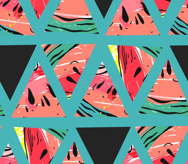 Hand getrokken vector abstract collage naadloos die patroon met van de watermeloenmotief en driehoek hipster vormen op kleur word vector illustratie Hand getrokken vector abstract collage naadloos die patroon met van de watermeloenmotief en driehoek hipster vormen op kleur word vector illustratie
