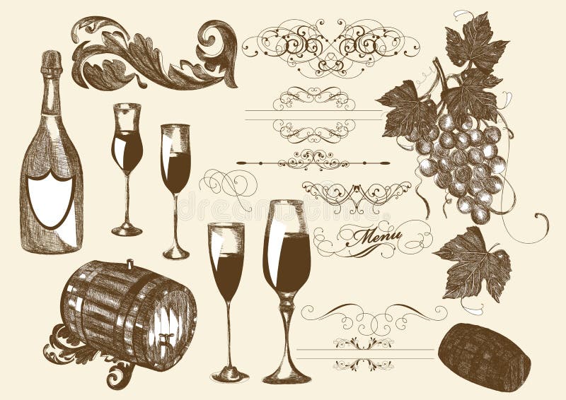 Hand getrokken vector vastgestelde wijn en wijnbereidingselementen vector illustratie Hand getrokken vector vastgestelde wijn en wijnbereidingselementen vector illustratie