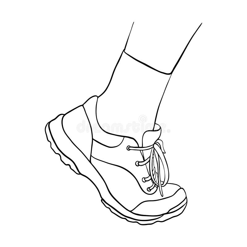 Line drawing foot shoe in sneaker and sock solated at white background, hand drawn illustration. Line drawing foot shoe in sneaker and sock solated at white background, hand drawn illustration