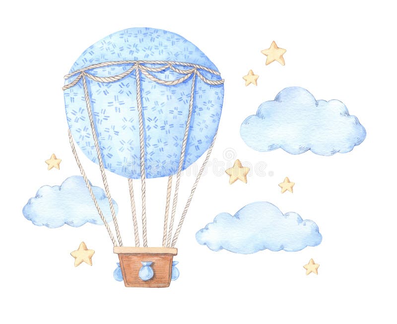 Hand getrokken waterverfillustratie - hete luchtballon in de hemel