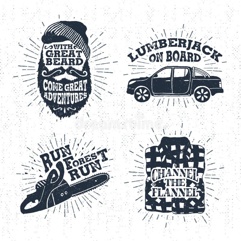 Hand drawn vintage badges set with textured bearded face, pickup truck, chainsaw, and plaid shirt vector illustrations and inspirational lettering. Hand drawn vintage badges set with textured bearded face, pickup truck, chainsaw, and plaid shirt vector illustrations and inspirational lettering.