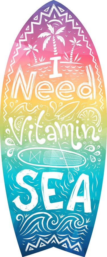 Hand gezeichnete Beschriftung - ich benötige Vitamin Meer in der Regenbogenfarbsurfbrettform lizenzfreie abbildung Hand gezeichnete Beschriftung - ich benötige Vitamin Meer in der Regenbogenfarbsurfbrettform lizenzfreie abbildung