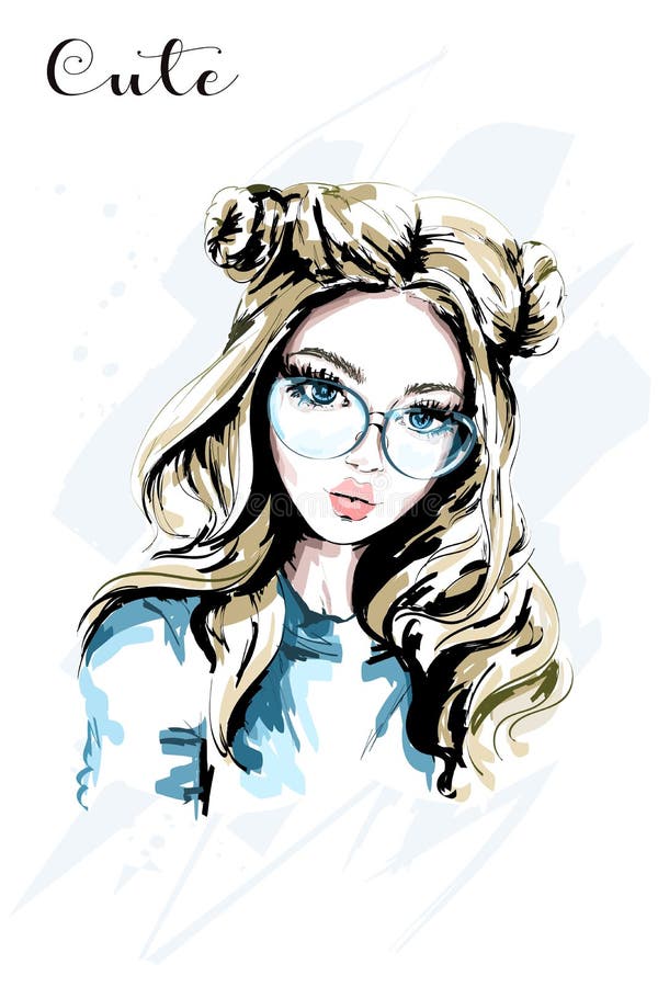 Hand drawn beautiful young woman in sunglasses. Cute girl with stylish hairstyle. Fashion woman. Sketch. Hand drawn beautiful young woman in sunglasses. Cute girl with stylish hairstyle. Fashion woman. Sketch.