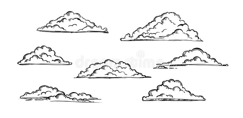 Hand gezeichnete Vektorillustration - Satz Wolken Weinlese graviert stock abbildung