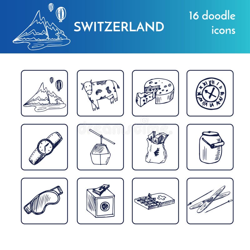 Hand gezeichneter die Schweiz-Reisesatz mit Ikonen Vektor lokalisierte Illustration auf weißer Hintergrundgekritzelskizze vektor abbildung Hand gezeichneter die Schweiz-Reisesatz mit Ikonen Vektor lokalisierte Illustration auf weißer Hintergrundgekritzelskizze vektor abbildung
