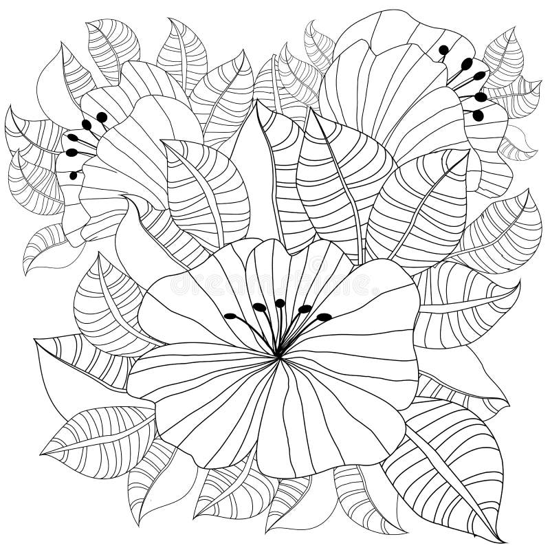Hand gezeichneter Hintergrund Malbuch, Seite für Erwachsenen und ältere Kinder Abstraktes Blumenschwarzweiss-muster Design für