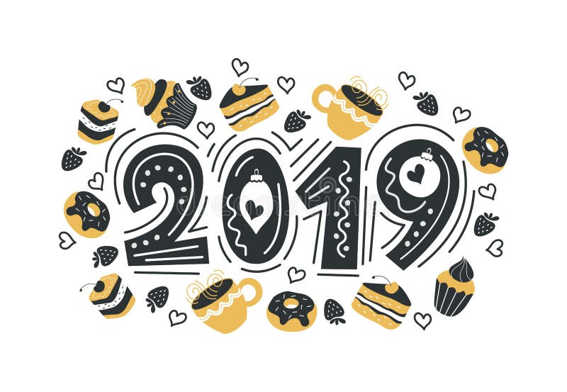 2019 Hand gezeichnetes Beschriftungszitat Auch im corel abgehobenen Betrag Die Aufschrift wird mit schönen Kuchen, Muffins, Schau stock abbildung 2019 Hand gezeichnetes Beschriftungszitat Auch im corel abgehobenen Betrag Die Aufschrift wird mit schönen Kuchen, Muffins, Schau stock abbildung