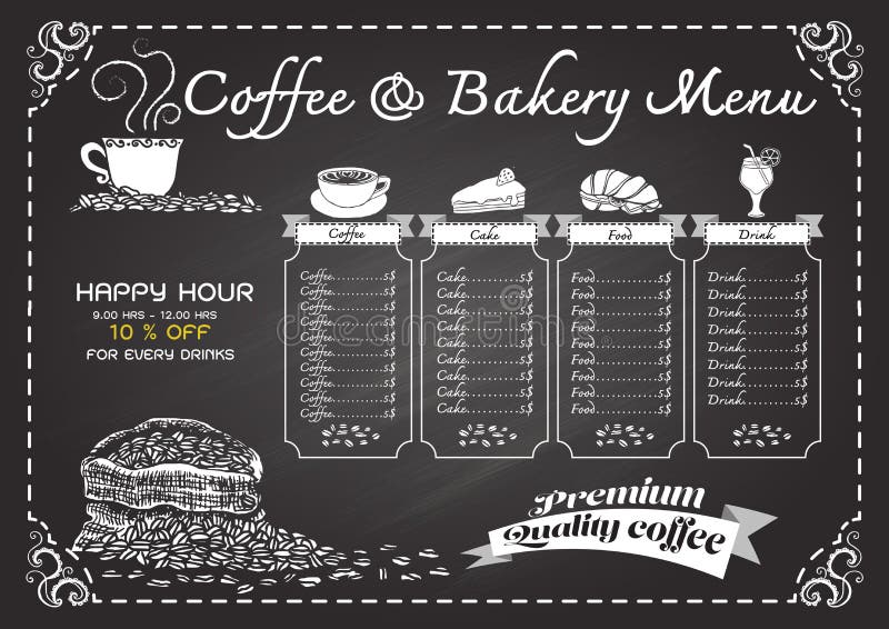 Hand drawn coffee menu on chalkboard. Hand drawn coffee menu on chalkboard