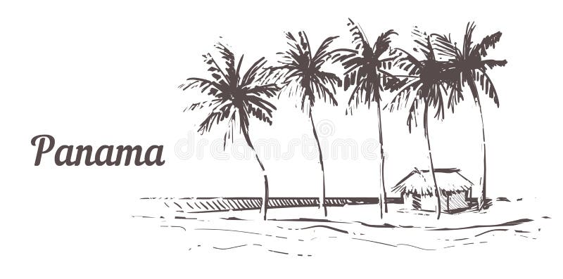 Hand gezogenes Palm Beach Panama-Insel mit Strandhaus, Skizzenvektorillustration lizenzfreie abbildung Hand gezogenes Palm Beach Panama-Insel mit Strandhaus, Skizzenvektorillustration lizenzfreie abbildung