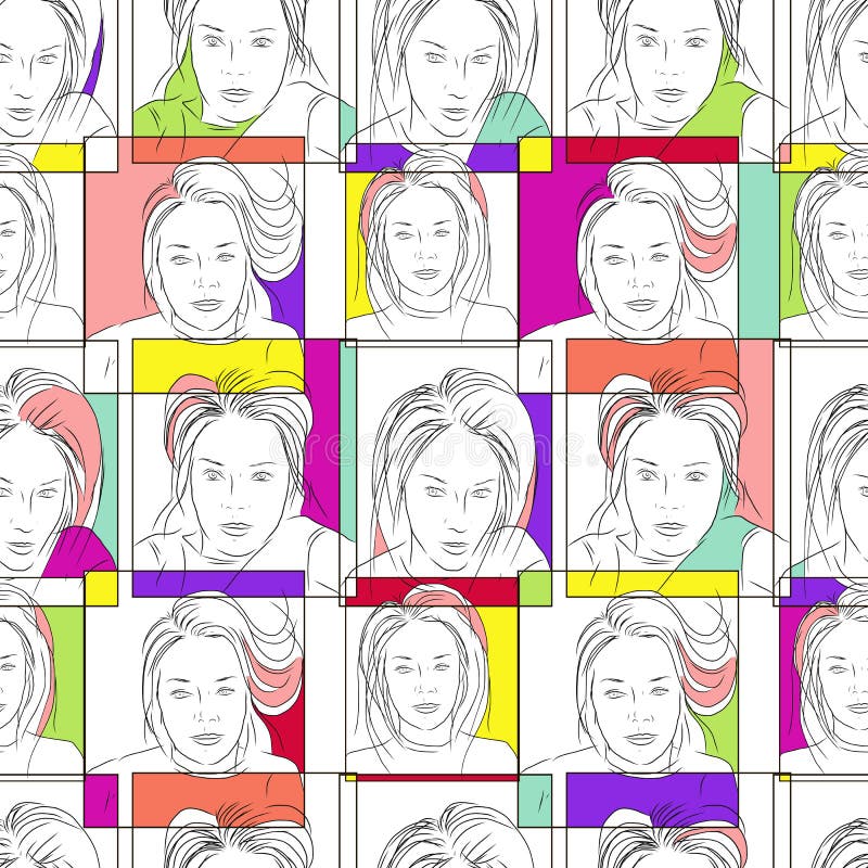 Hand- gezogenes Schwarzweiss--selfie Mädchengesicht und bunte Rahmen stock abbildung Hand- gezogenes Schwarzweiss--selfie Mädchengesicht und bunte Rahmen stock abbildung