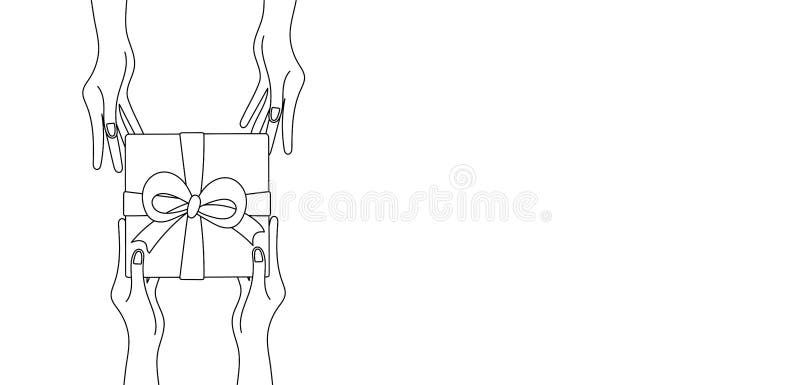 Hand give a gift box to hand, black line pattern on white background with space for your text. Hand drawing. Cartoon style.