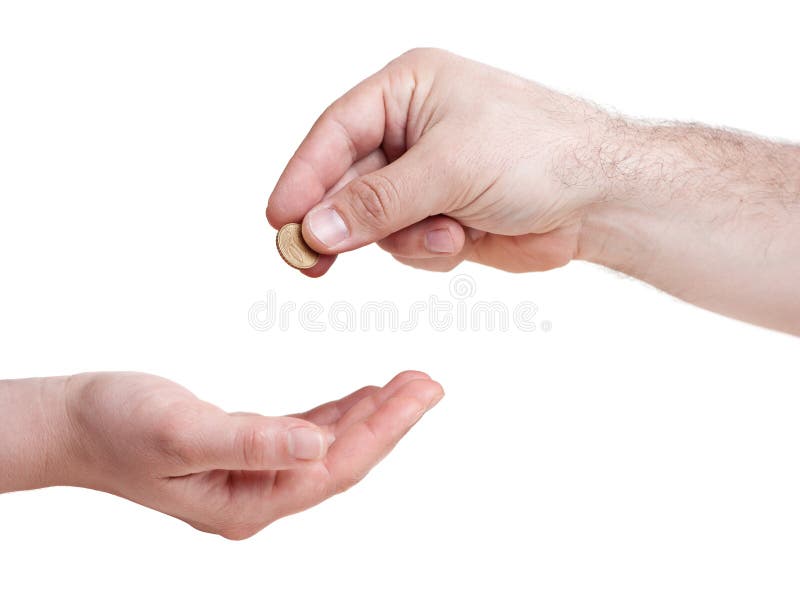 One hand giving 10 eurocents coin to other hand, isolated on the white background. One hand giving 10 eurocents coin to other hand, isolated on the white background