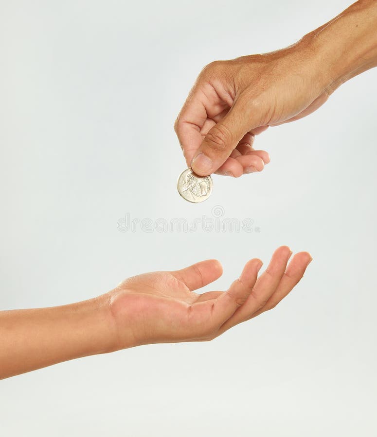 Senior giving coin to someone in white background. Senior giving coin to someone in white background