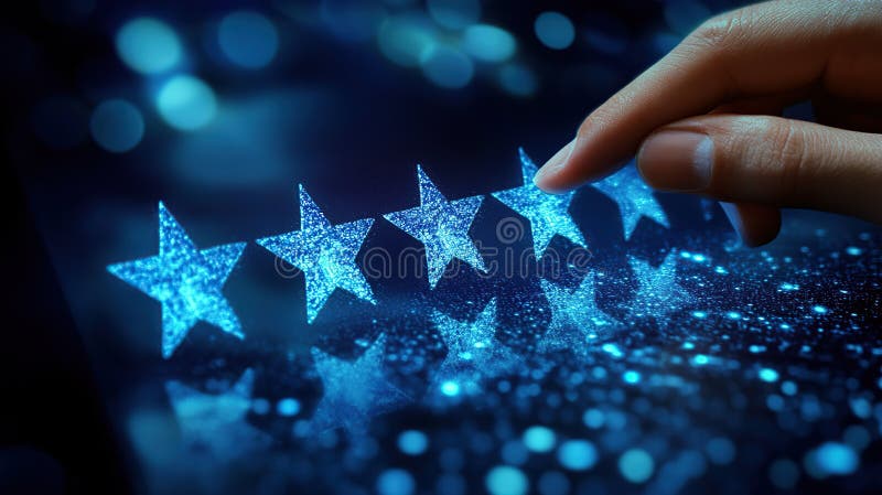 Hand giving 5 stars rating on a digital screen stock illustration