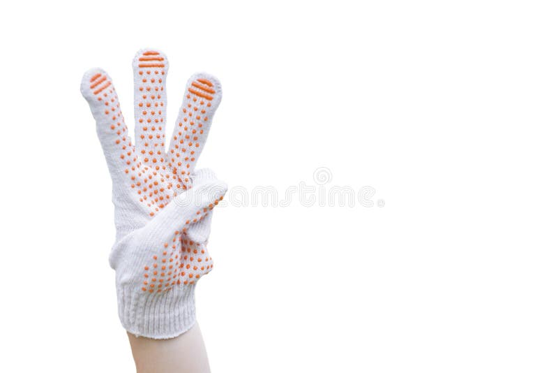 Hand in glove or garden mitten, counting on fingers,, white background, isolated, three, isolated hand, with fingers