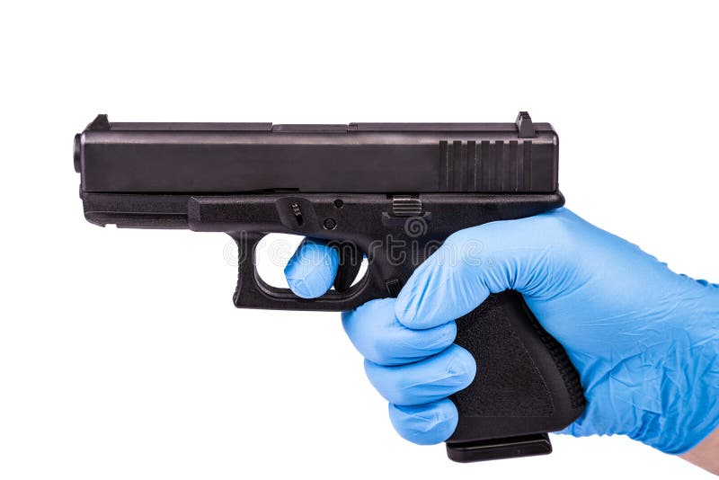 Mano blu guanti targeting pistole.