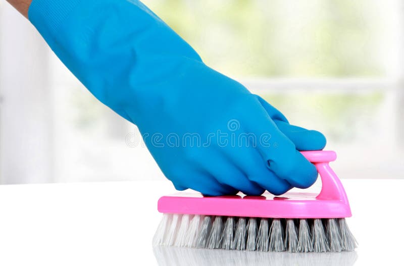 Hand with Glove Using Cleaning Brush To Clean Up Stock Photo Image of