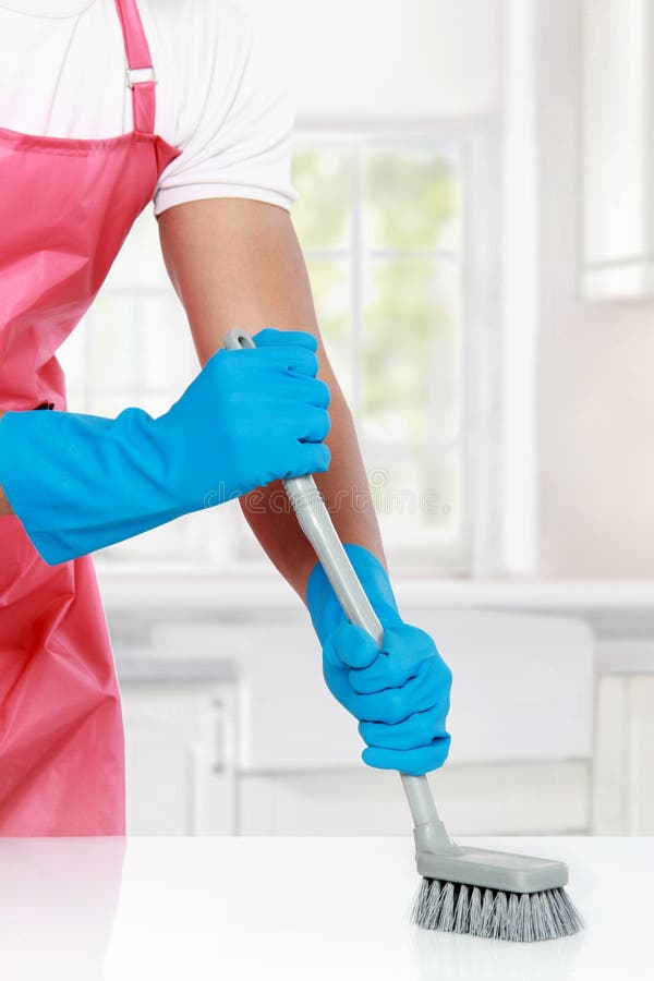 Hand with Glove Using Cleaning Brush To Clean Up Stock Image Image of