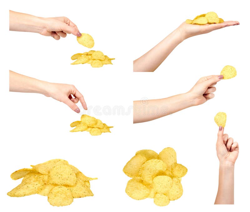 Hand with golden potato chips, set and collection