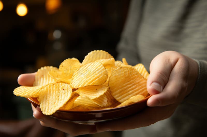 Hand grasping potato chips, ready for a delicious snacking experience Generative AI