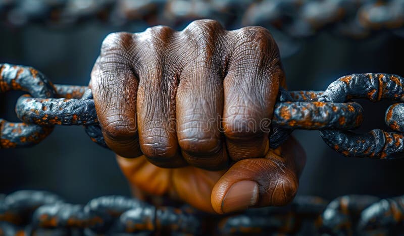 Hand Grasping Rusty Chain. A close-up of a hand gripping a rusty chain royalty free stock photos